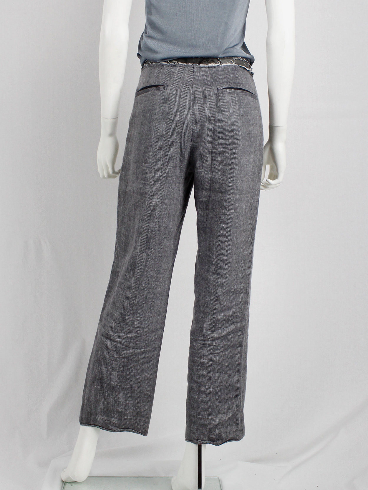 Maison Martin Margiela grey trousers with ripped waist and exposed lining spring 2005 (6)