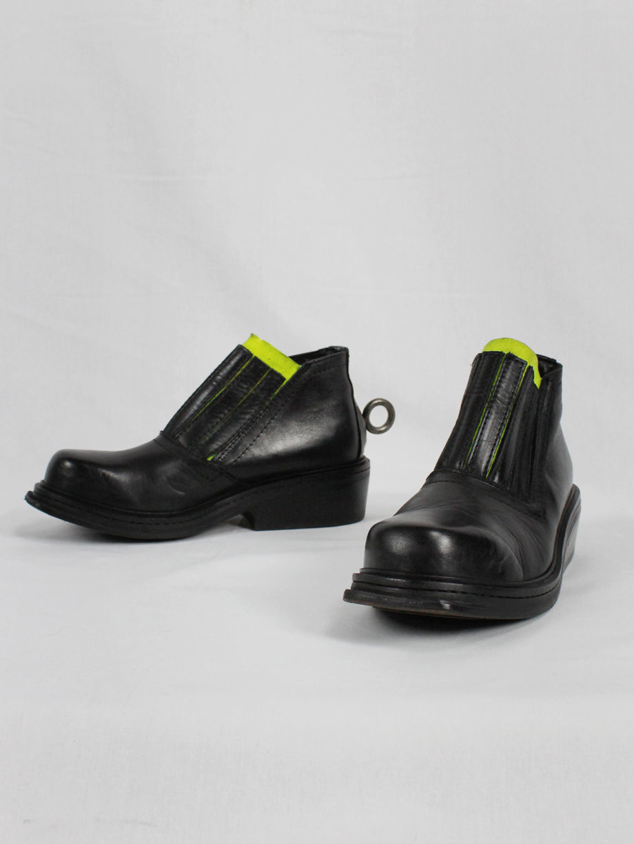 Dirk Bikkembergs black ankle boots with metal ring and neon elastic spring 1998 (2)