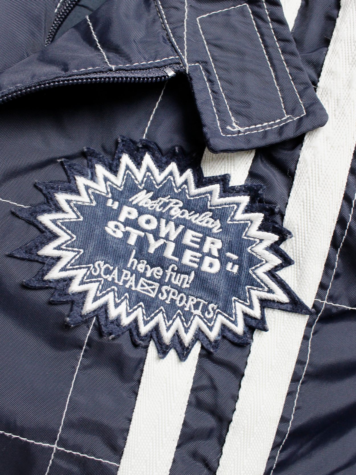 Walter Van Beirendonck for Scapa dark blue ‘Formula 1’ jacket with white stripes and patches (8)