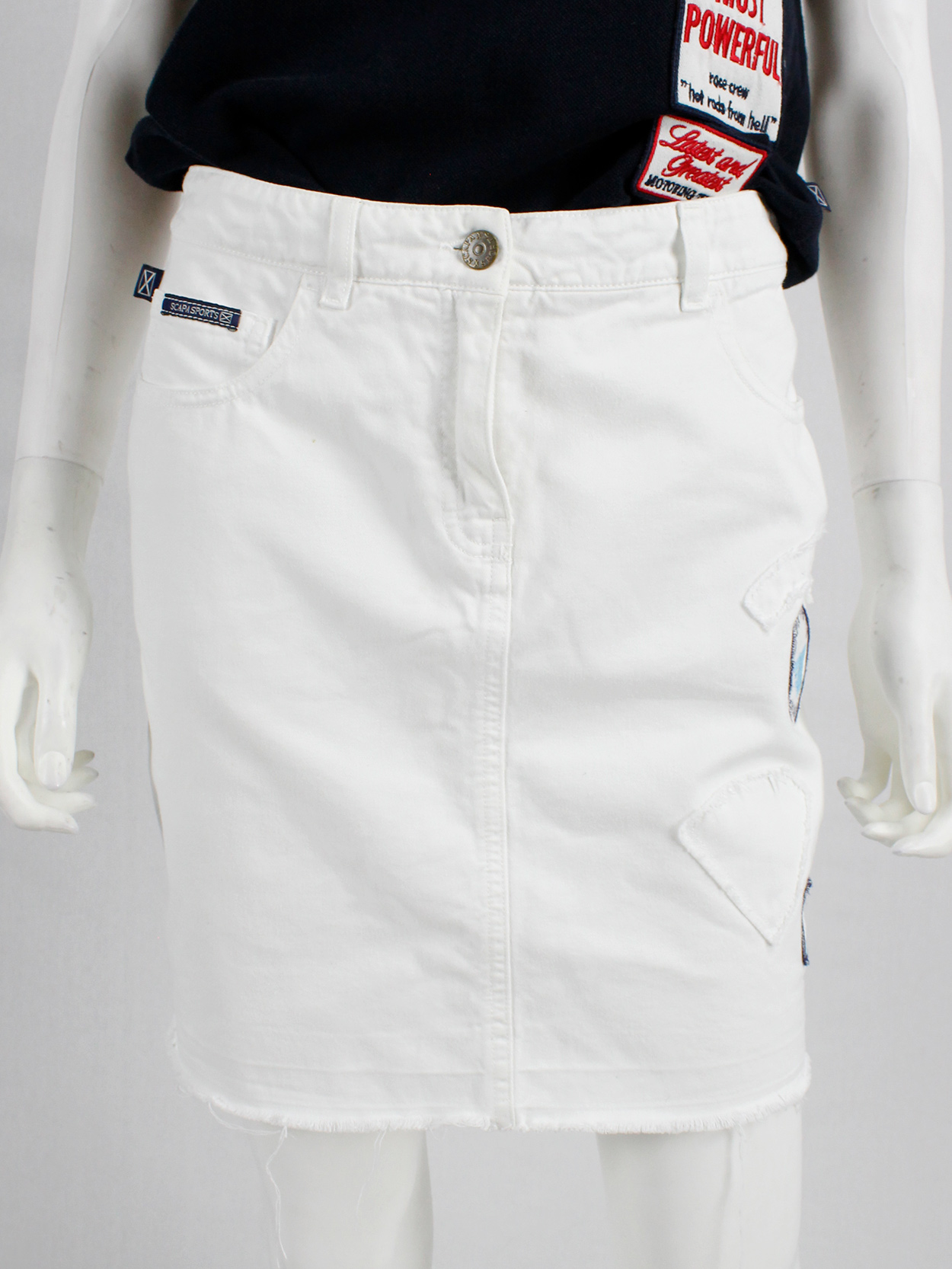 Walter Van Beirendonck for Scapa white ‘Formula 1’ mini skirt with patches (6)