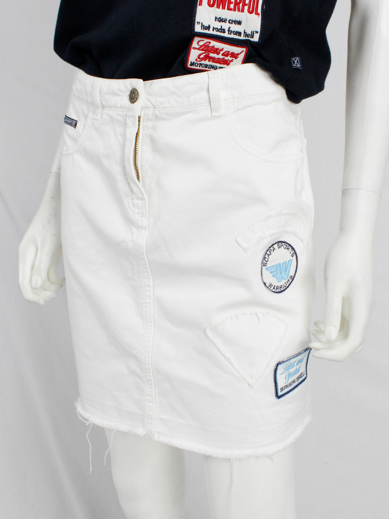 Walter Van Beirendonck for Scapa white ‘Formula 1’ mini skirt with patches (7)