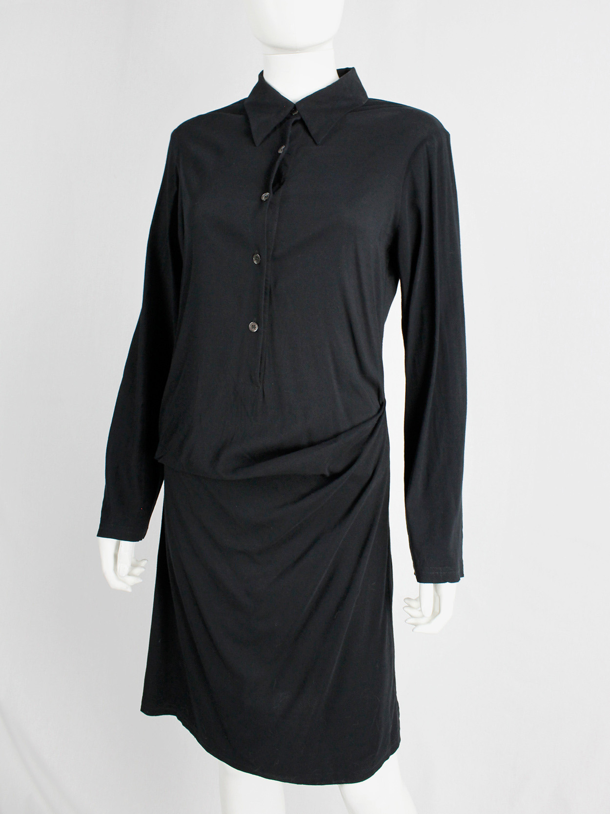 Ann Demeulemeester black shirtdress with drape at the hip - V A N II T A S