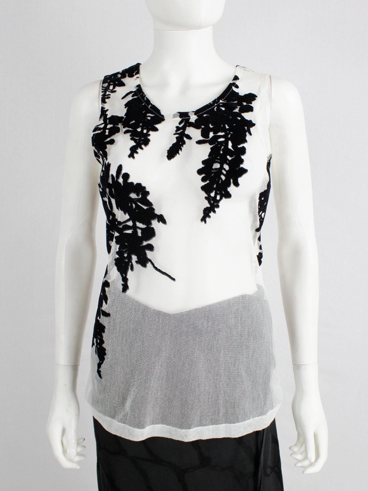 Ann Demeulemeester white mesh top with black velvet wisteria print ...