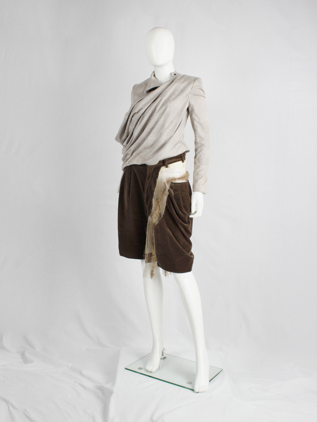 Comme des Garcons brown velvet shorts with cut off leg attached by sheer frills spring 2007 (1)