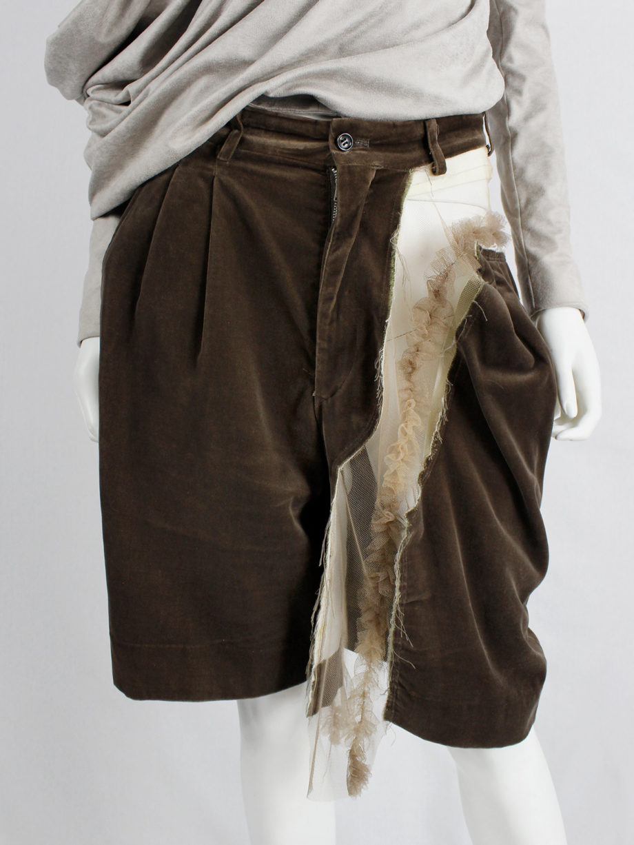Comme des Garcons brown velvet shorts with cut off leg attached by sheer frills spring 2007 (10)