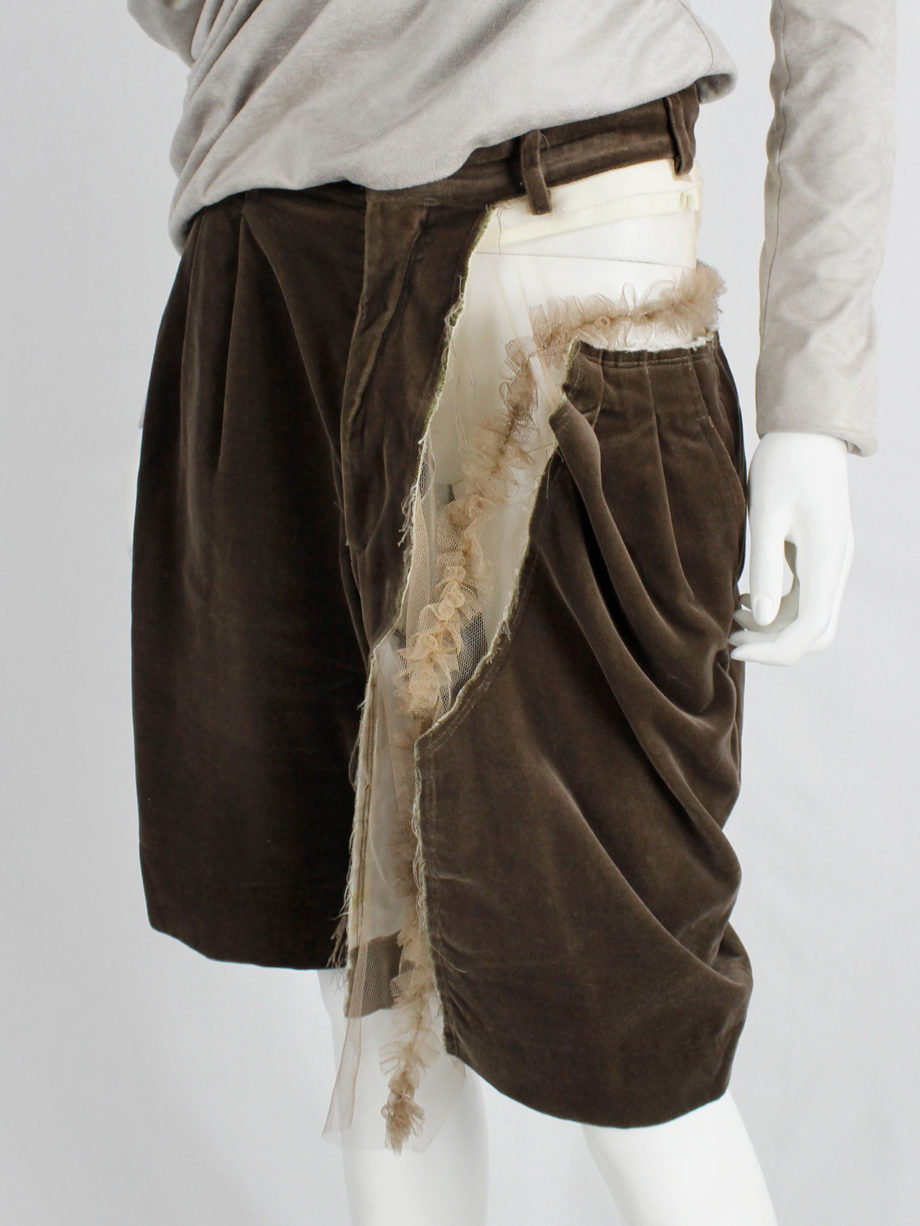 Comme des Garcons brown velvet shorts with cut off leg attached by sheer frills spring 2007 (14)