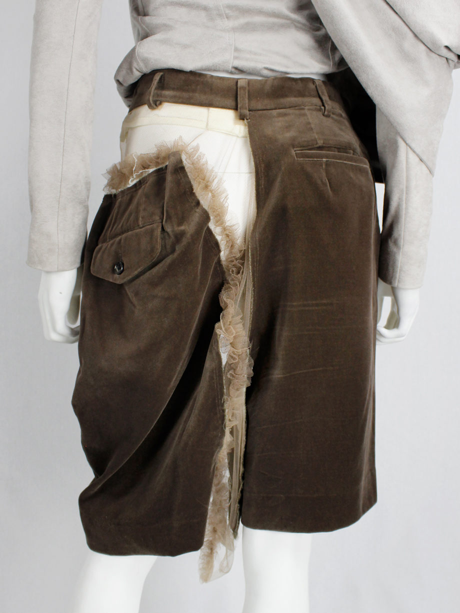 Comme des Garcons brown velvet shorts with cut off leg attached by sheer frills spring 2007 (3)
