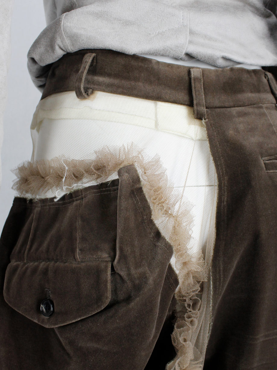 Comme des Garcons brown velvet shorts with cut off leg attached by sheer frills spring 2007 (4)