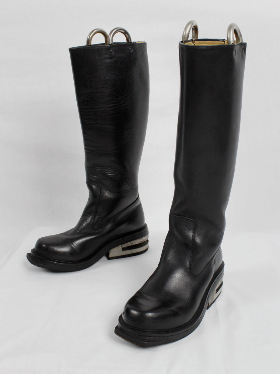 Dirk Bikkembergs black knee-length boots with metal slit heel and metal pulls 1990s 90s (1)