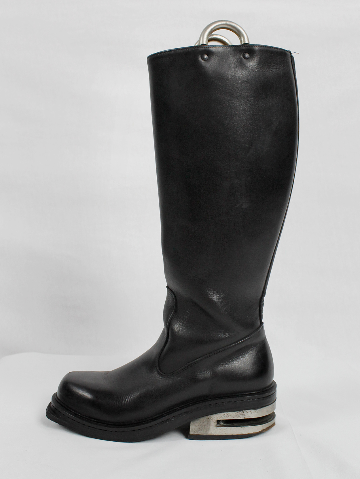 Dirk Bikkembergs black knee-length boots with metal slit heel and metal pulls 1990s 90s (2)