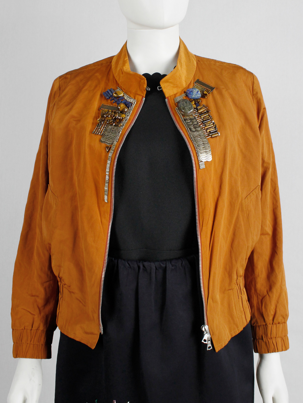 Dries Van Noten orange bomber jacket with gemstones and metal plating ...