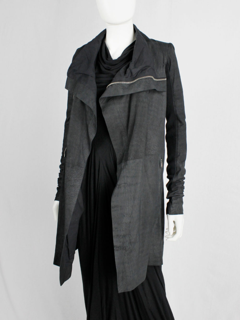 Rick Owens black long classic leather biker coat with standing neckline (6)