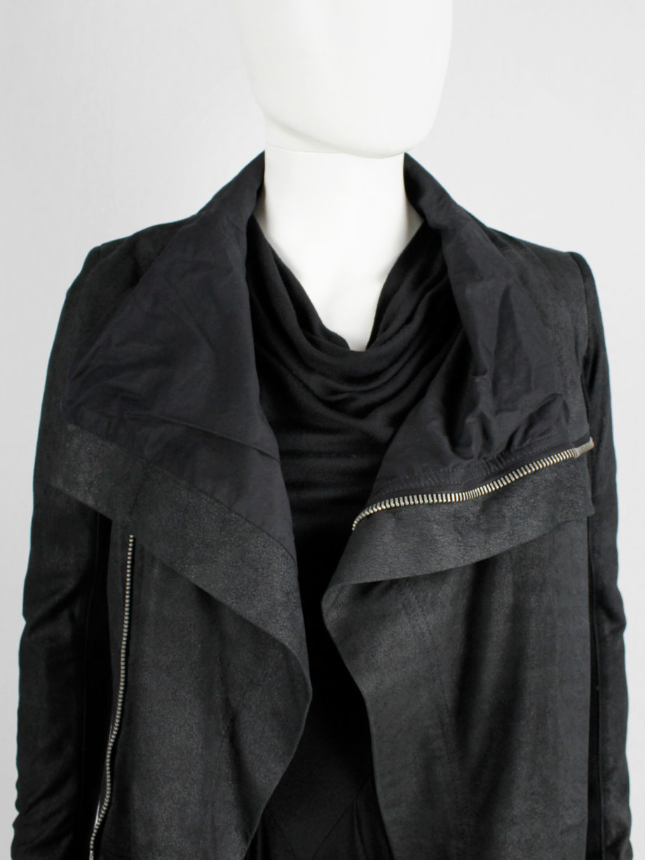 Rick Owens black long classic leather biker coat with standing neckline (7)