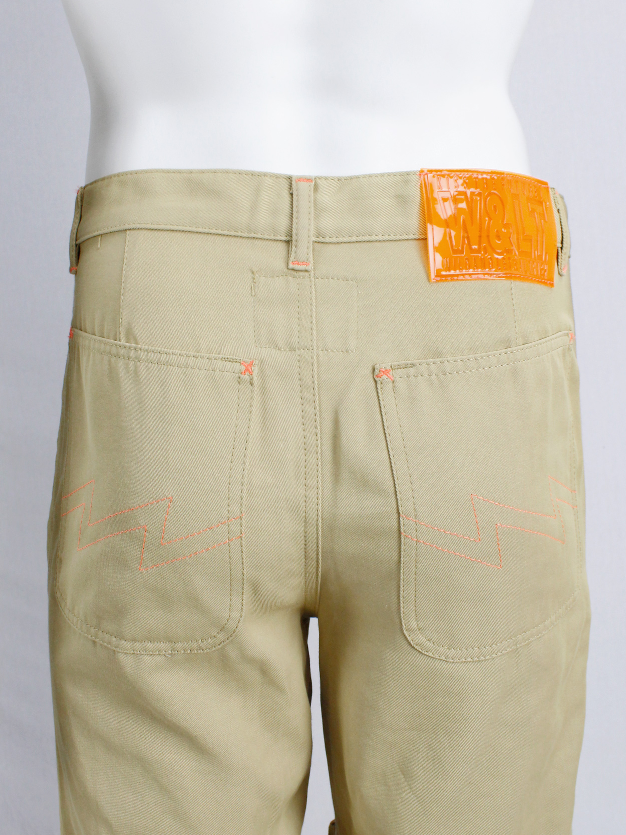 Walter Van Beirendonck WaLT beige trousers with kneepad pockets and neon orange details 90s (11)