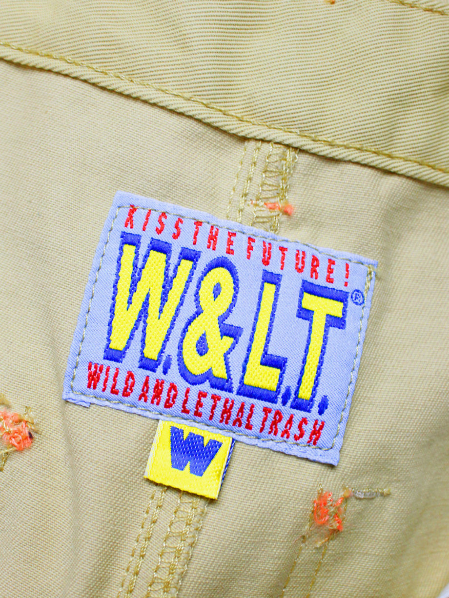 Walter Van Beirendonck WaLT beige trousers with kneepad pockets and neon orange details 90s (13)