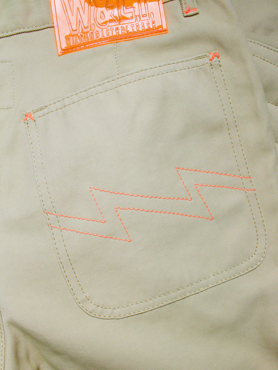 Walter Van Beirendonck WaLT beige trousers with kneepad pockets and neon orange details 90s (17)
