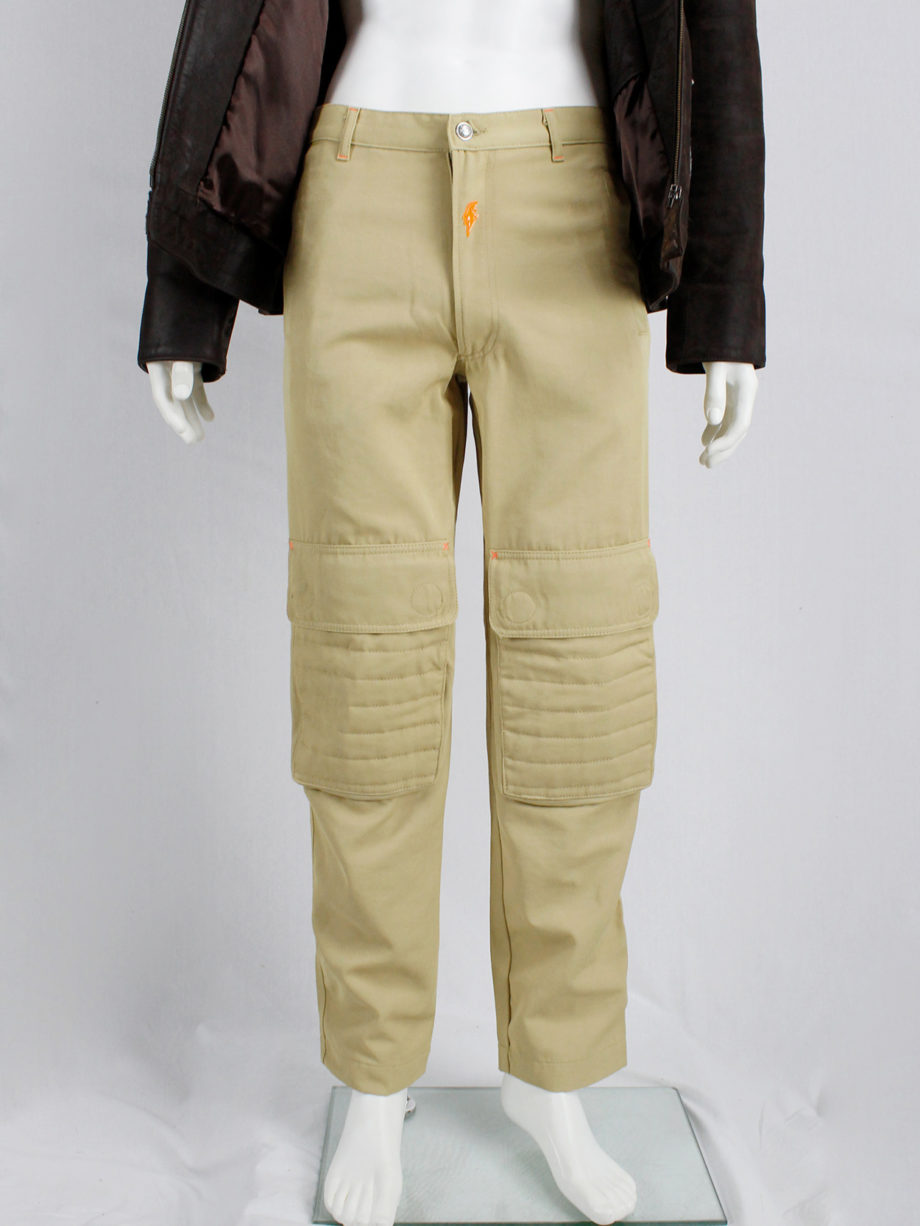 Walter Van Beirendonck WaLT beige trousers with kneepad pockets and neon orange details 90s (4)