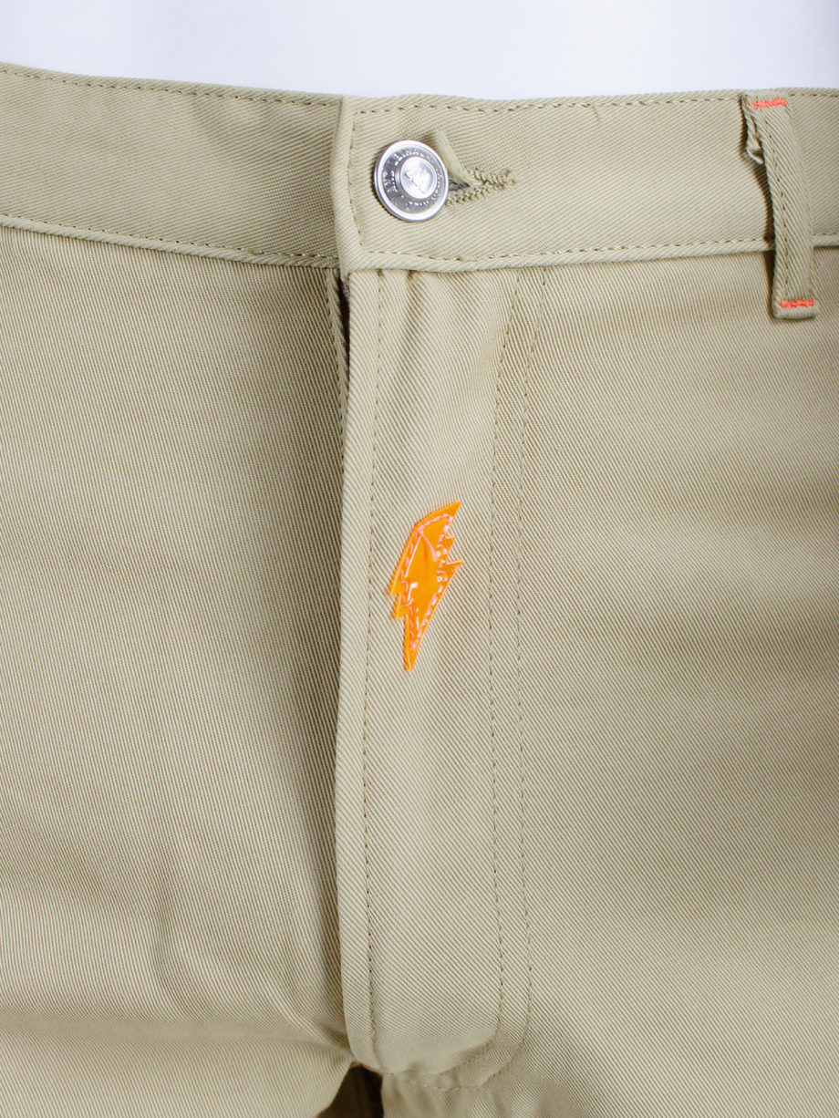 Walter Van Beirendonck WaLT beige trousers with kneepad pockets and neon orange details 90s (5)