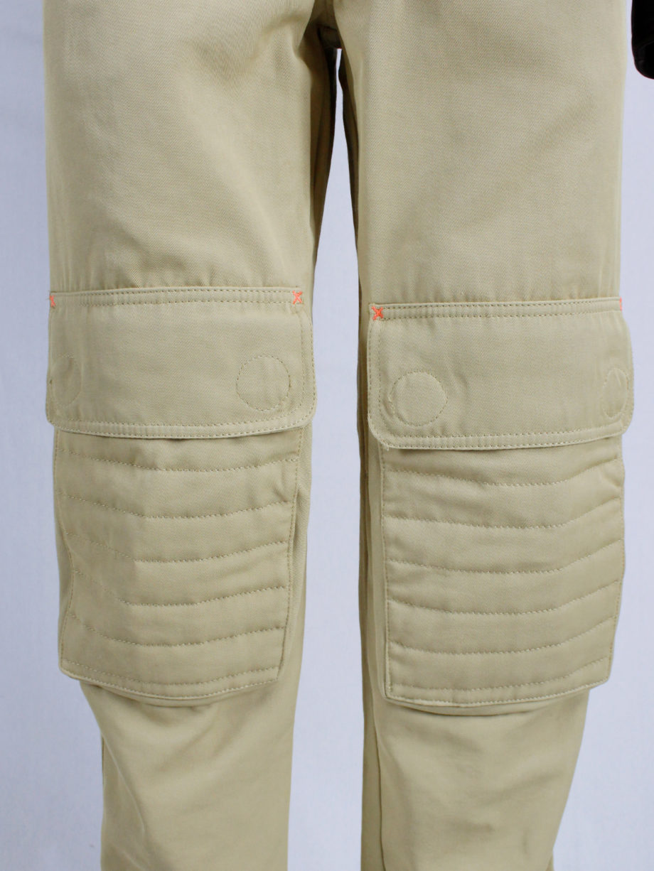 Walter Van Beirendonck WaLT beige trousers with kneepad pockets and neon orange details 90s (6)