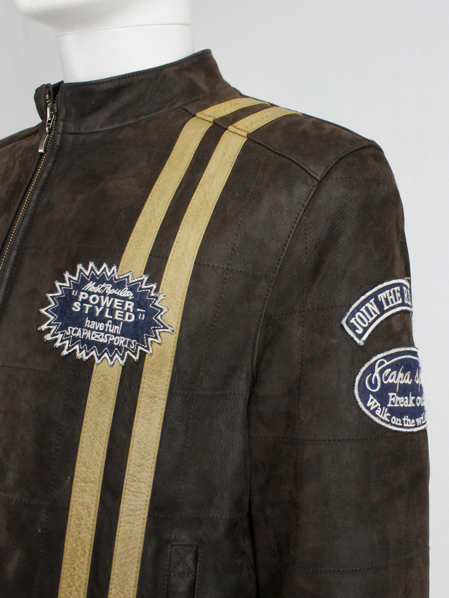 Walter Van Beirendonck for Scapa brown leather ‘Formula 1’ jacket with beige stripes and patches (4)