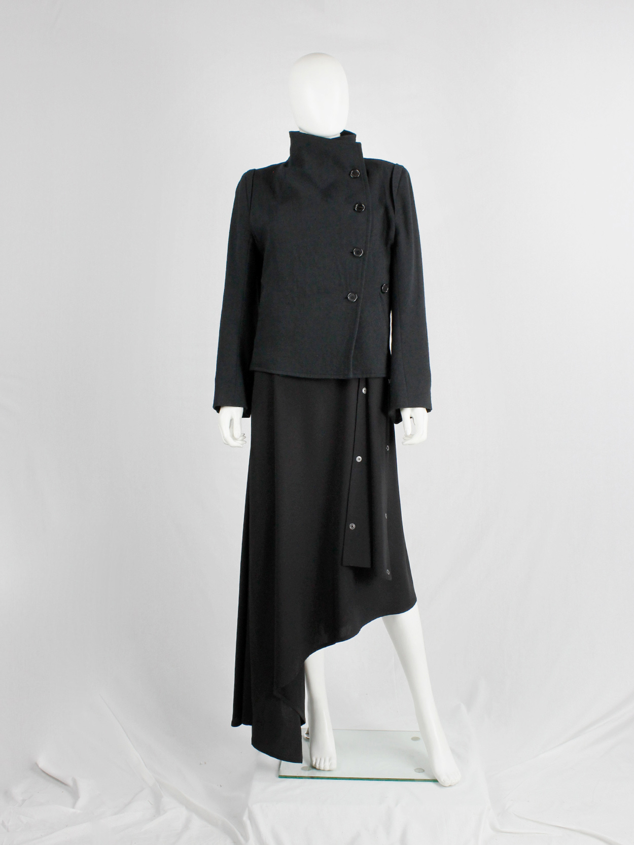 Ann Demeulemeester black coat with standing neckline and asymmetric button closure fall 2010 (12)