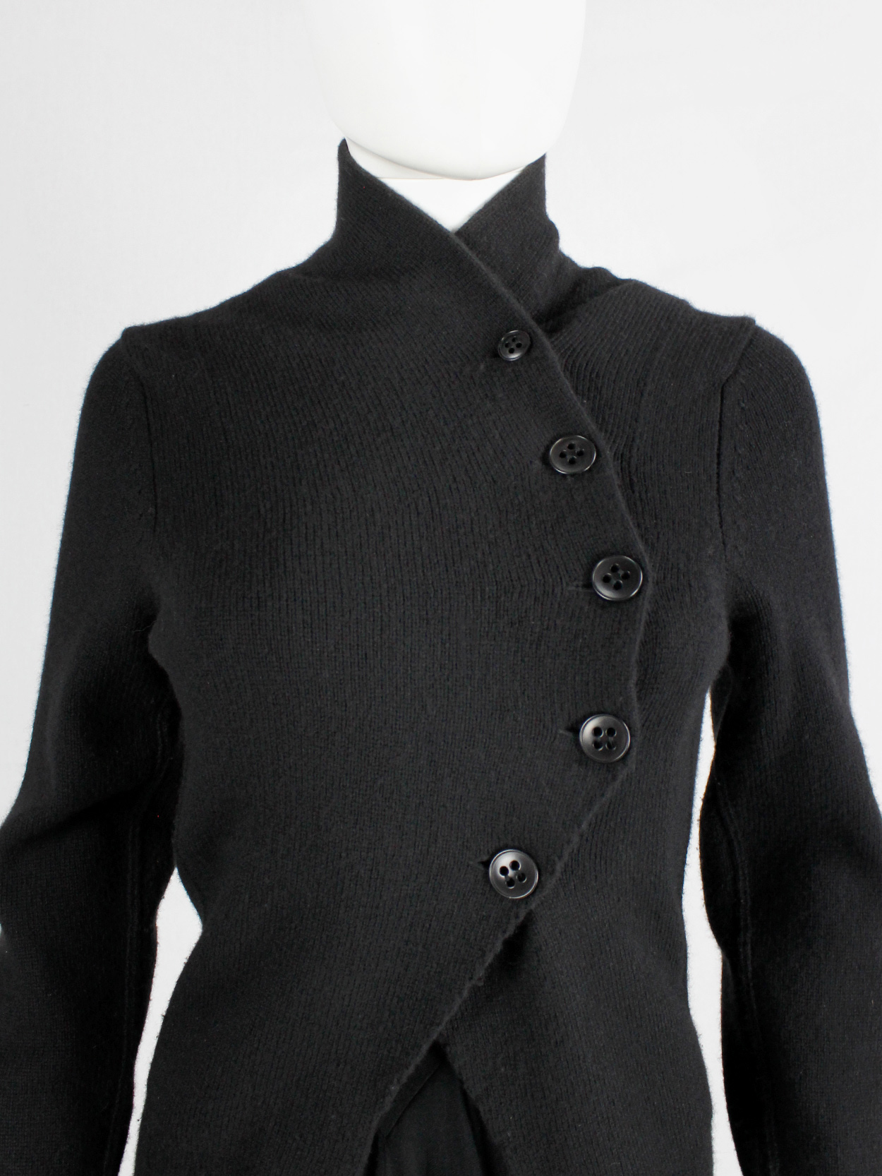 Ann Demeulemeester black long cutaway jumper with curved button closure ...