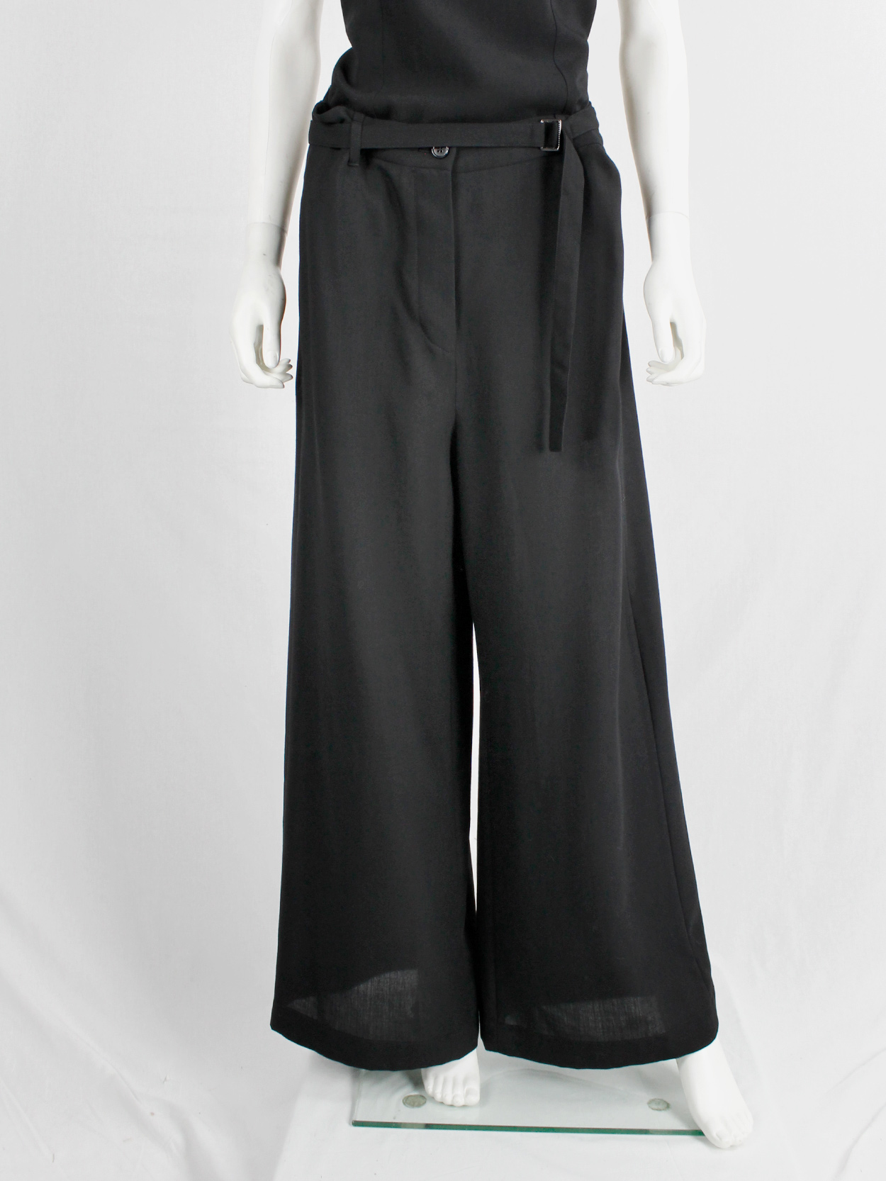 Ann Demeulemeester black wide trousers with belt buckle strap — fall ...