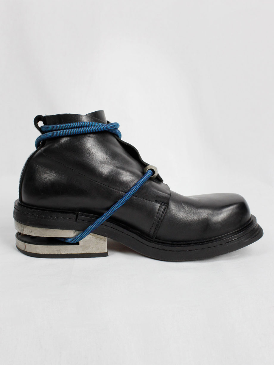 Dirk Bikkembergs black mountaineering boots with metal heel and blue elastic archive fall 1996 (1)