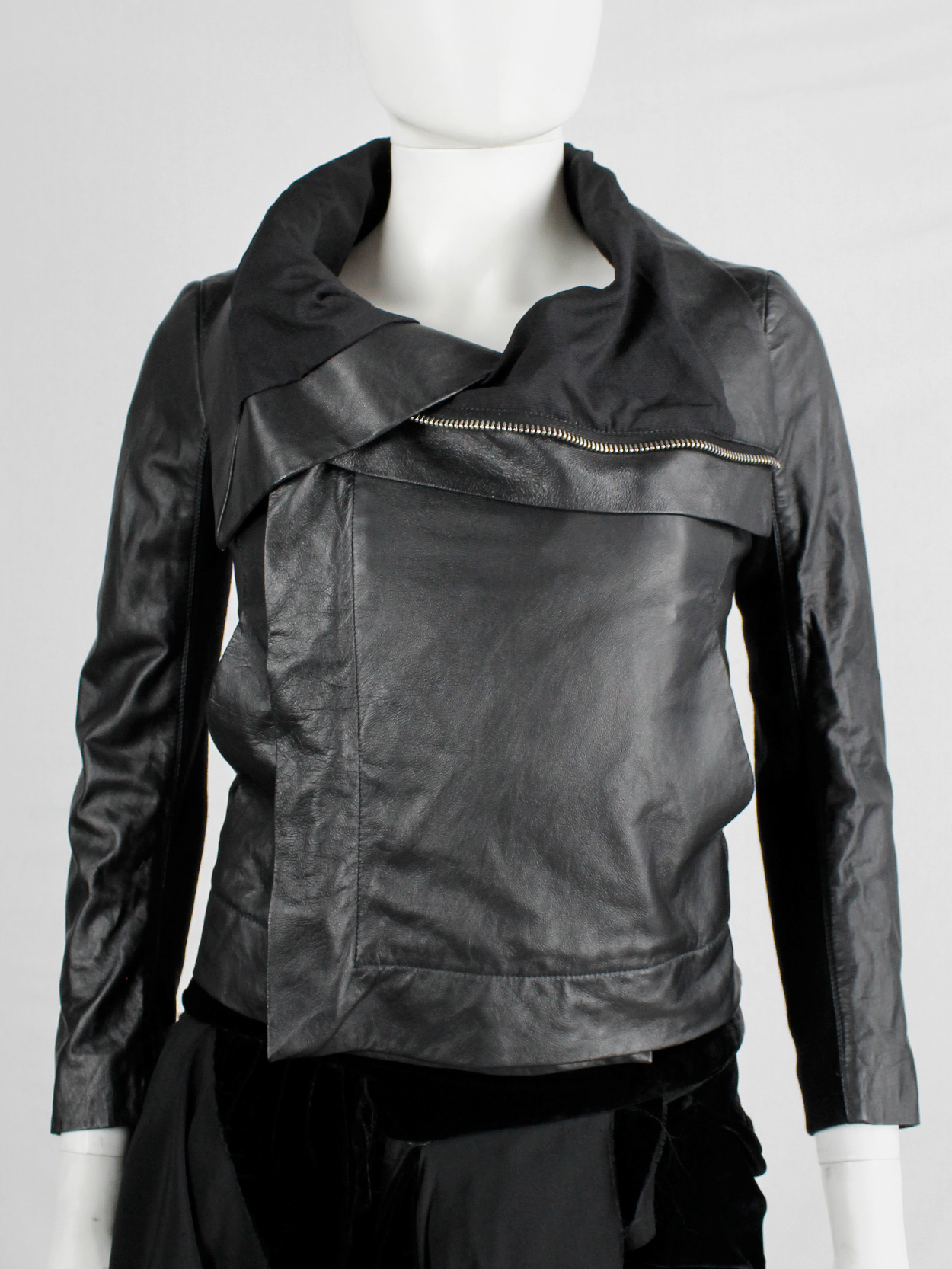 Rick Owens black leather classic biker jacket with standing neckline ...