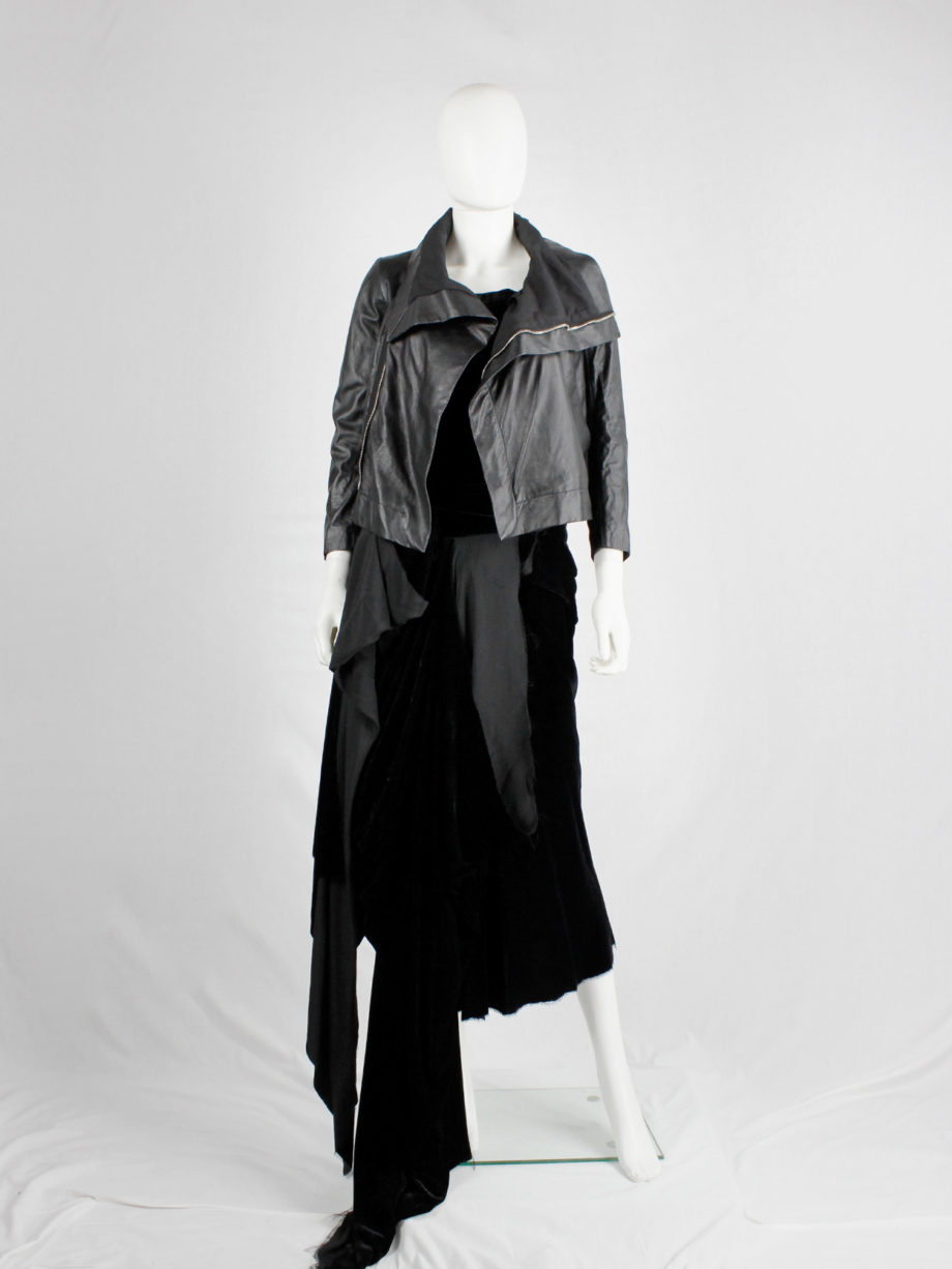 Rick Owens black leather classic biker jacket with standing neckline and cropped sleeve (2)