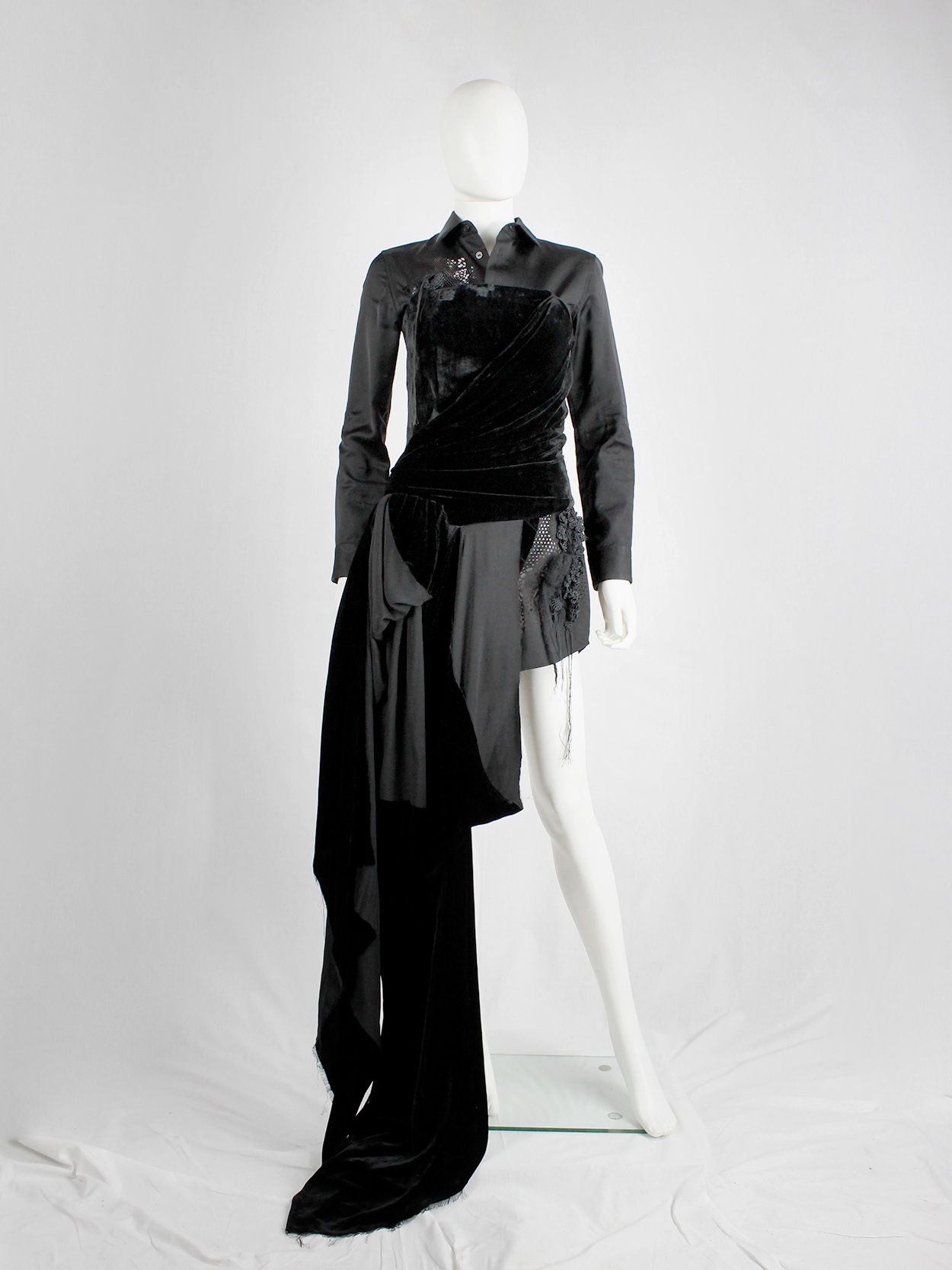 A.F. Vandevorst black velvet bustier with sash and floor-length side ...