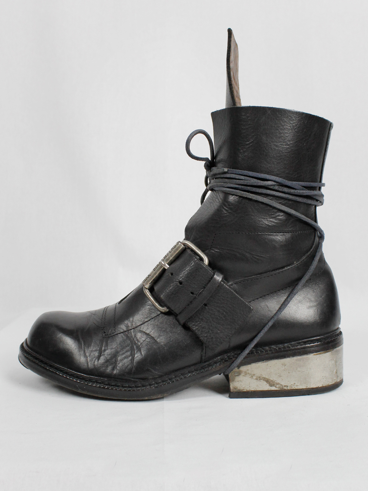 vintage Dirk Bikkembergs black tall boots with belt strap and laces (61) — late 90’s