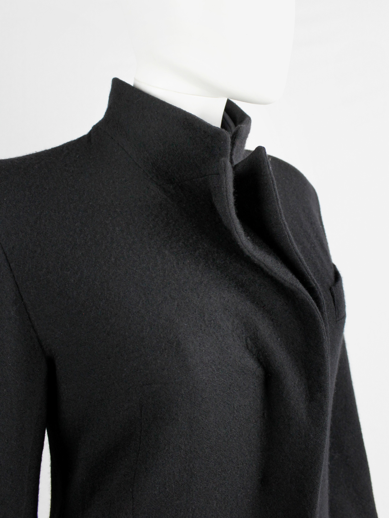 A.F. Vandevorst black wool coat with forward closing front and boning ...
