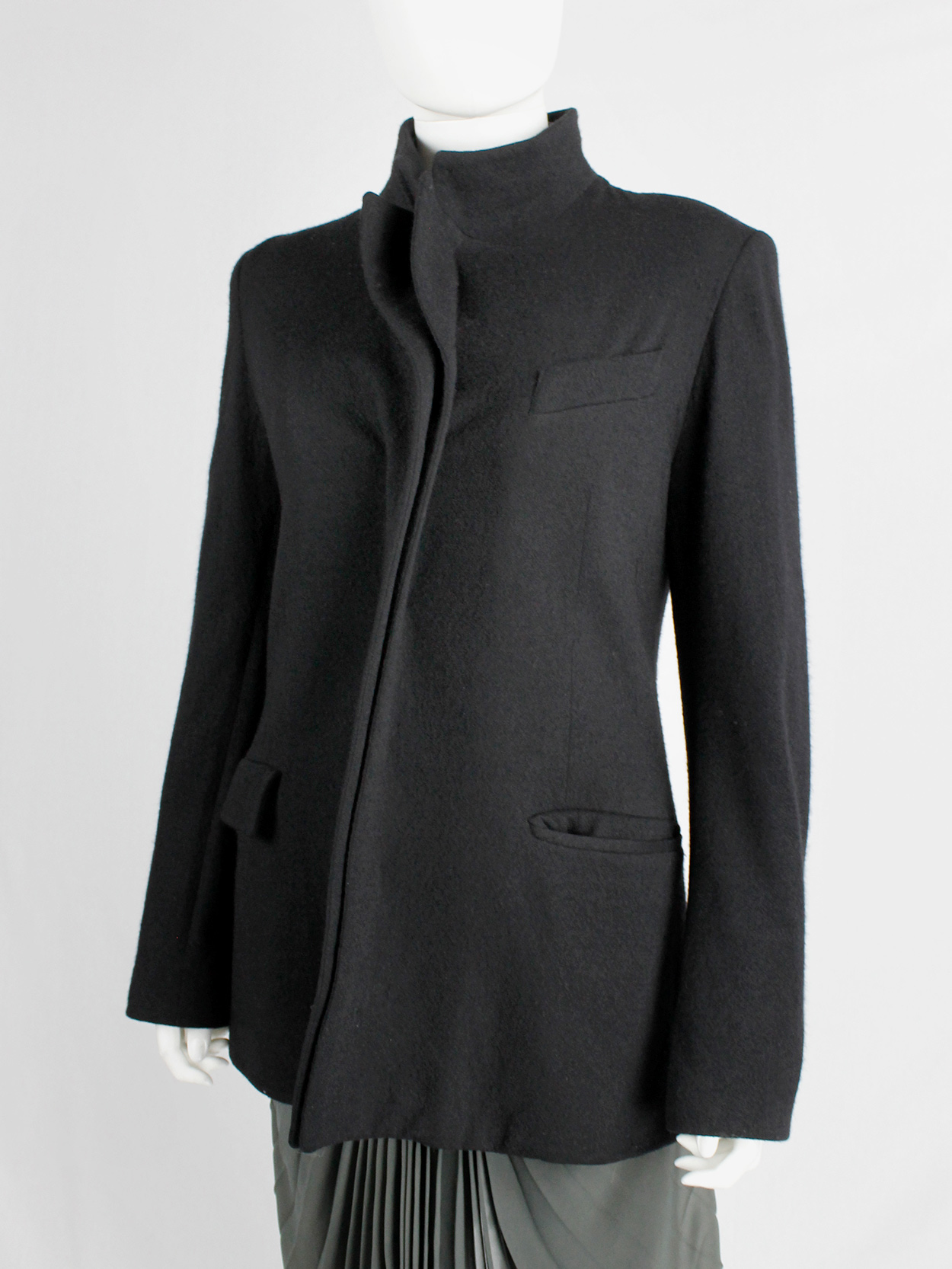 A.F. Vandevorst black wool coat with forward closing front and boning ...