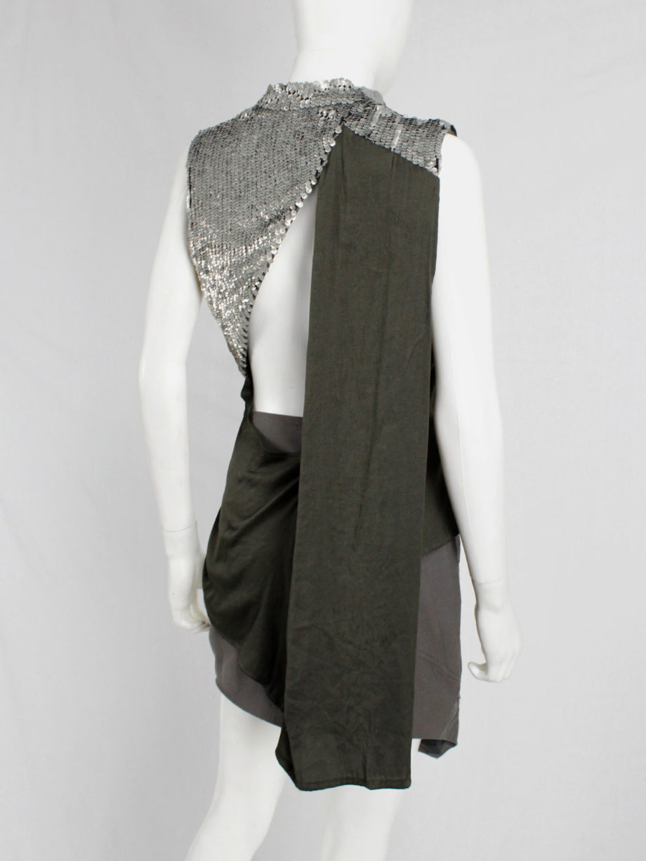 A.F. Vandevorst khaki green draped top with silver sequin shoulder panel and open back spring 2011 (1)