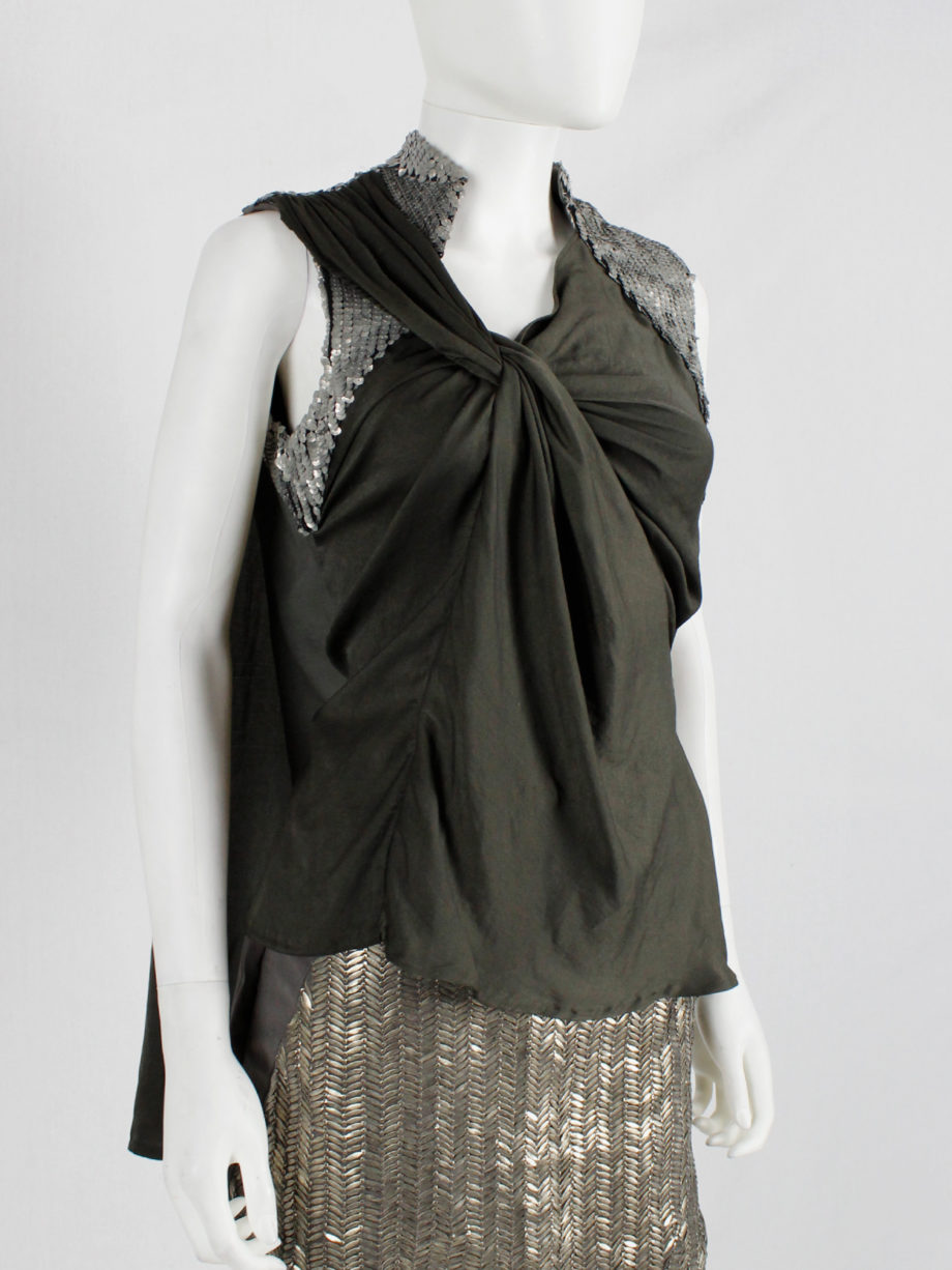 A.F. Vandevorst khaki green draped top with silver sequin shoulder panel and open back spring 2011 (10)