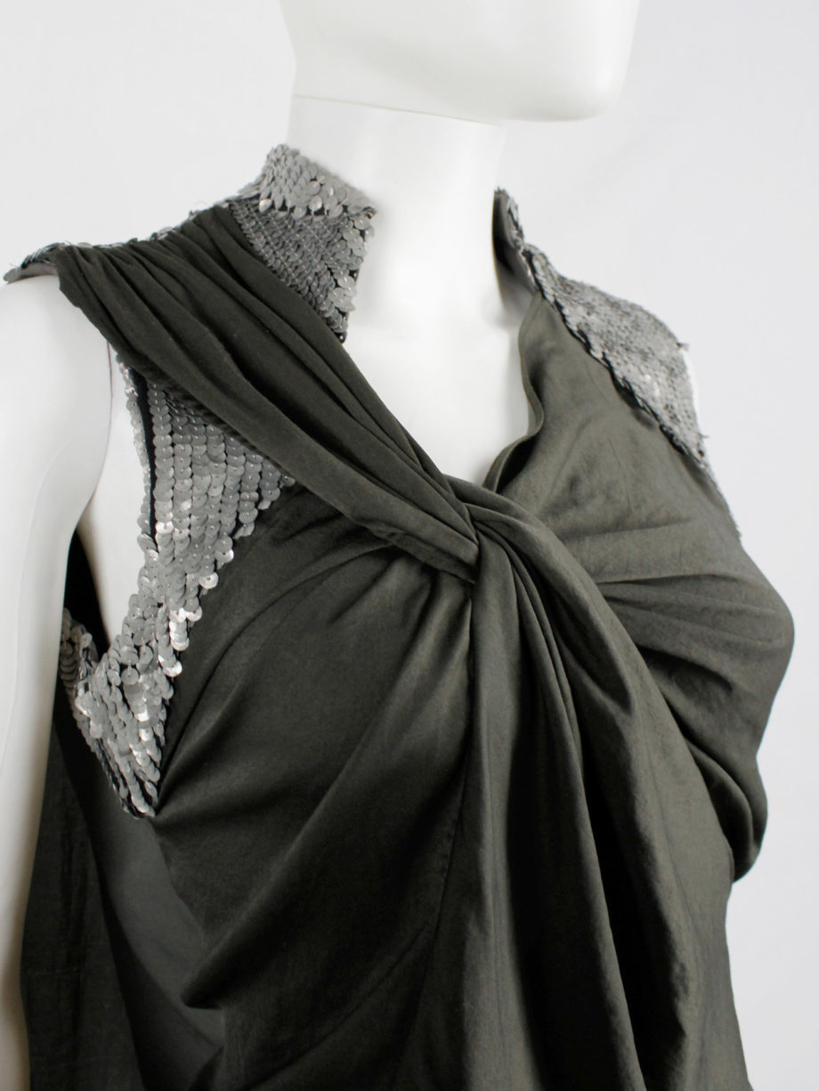 A.F. Vandevorst khaki green draped top with silver sequin shoulder panel and open back spring 2011 (11)