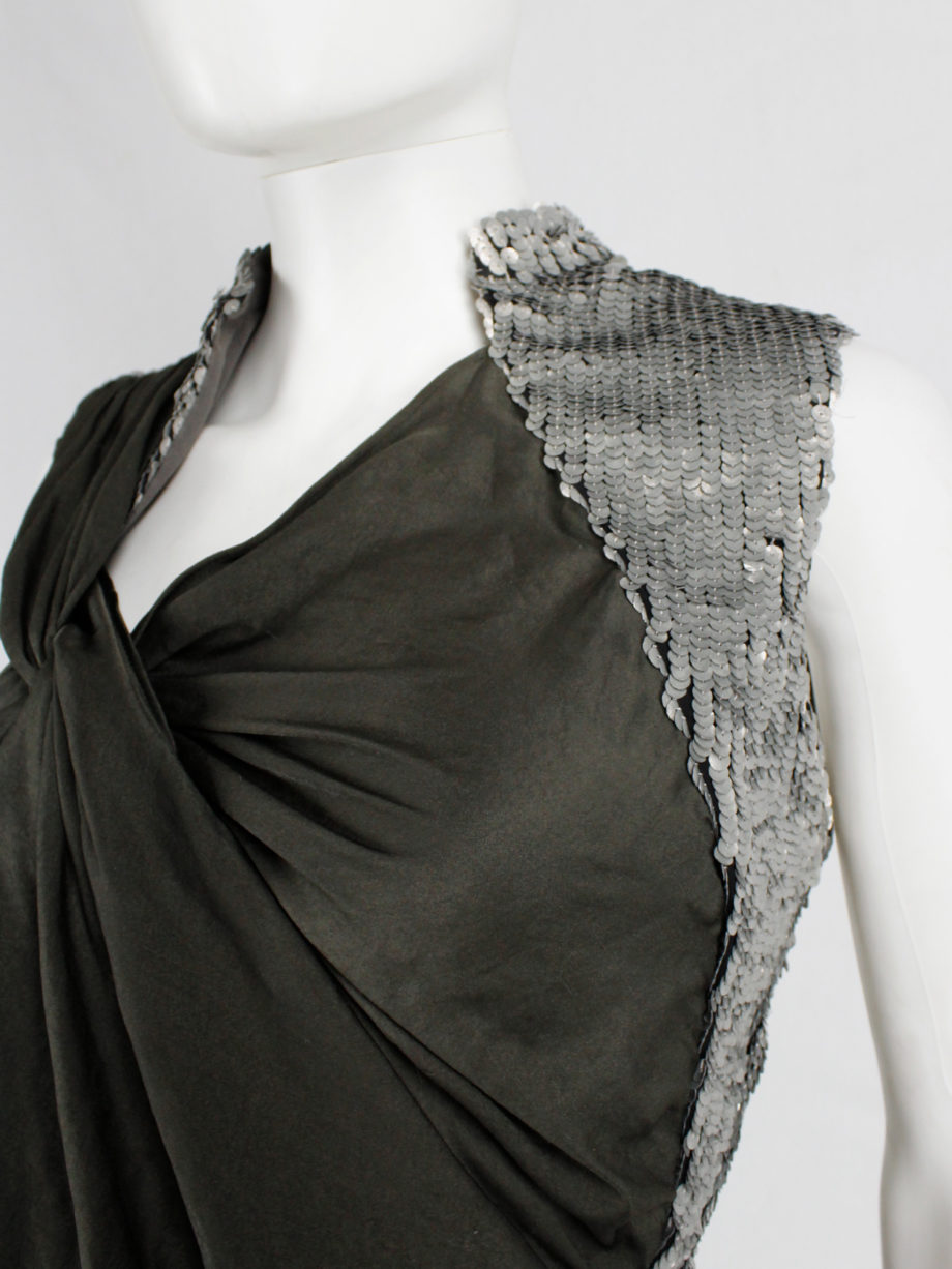 A.F. Vandevorst khaki green draped top with silver sequin shoulder panel and open back spring 2011 (13)
