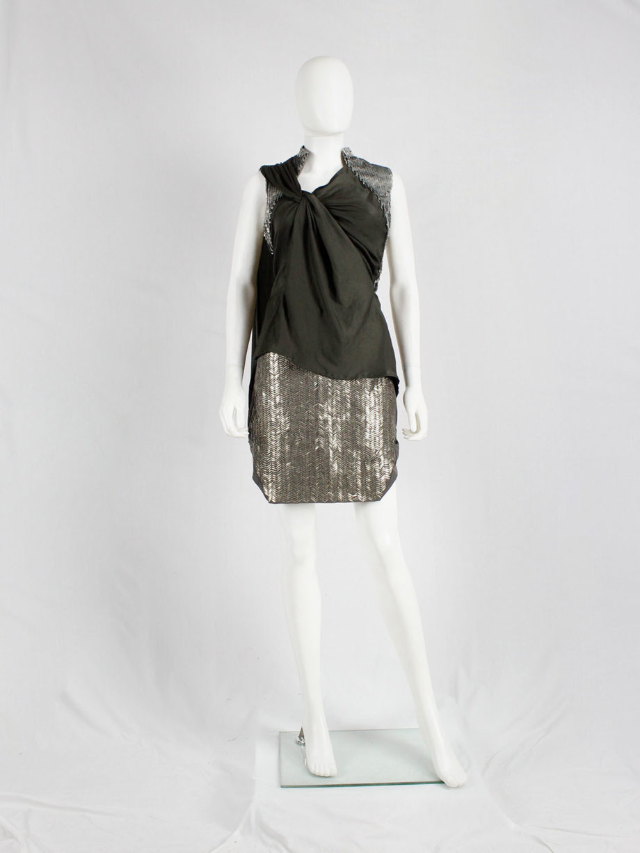 A.F. Vandevorst khaki green draped top with silver sequin shoulder panel and open back spring 2011 (14)