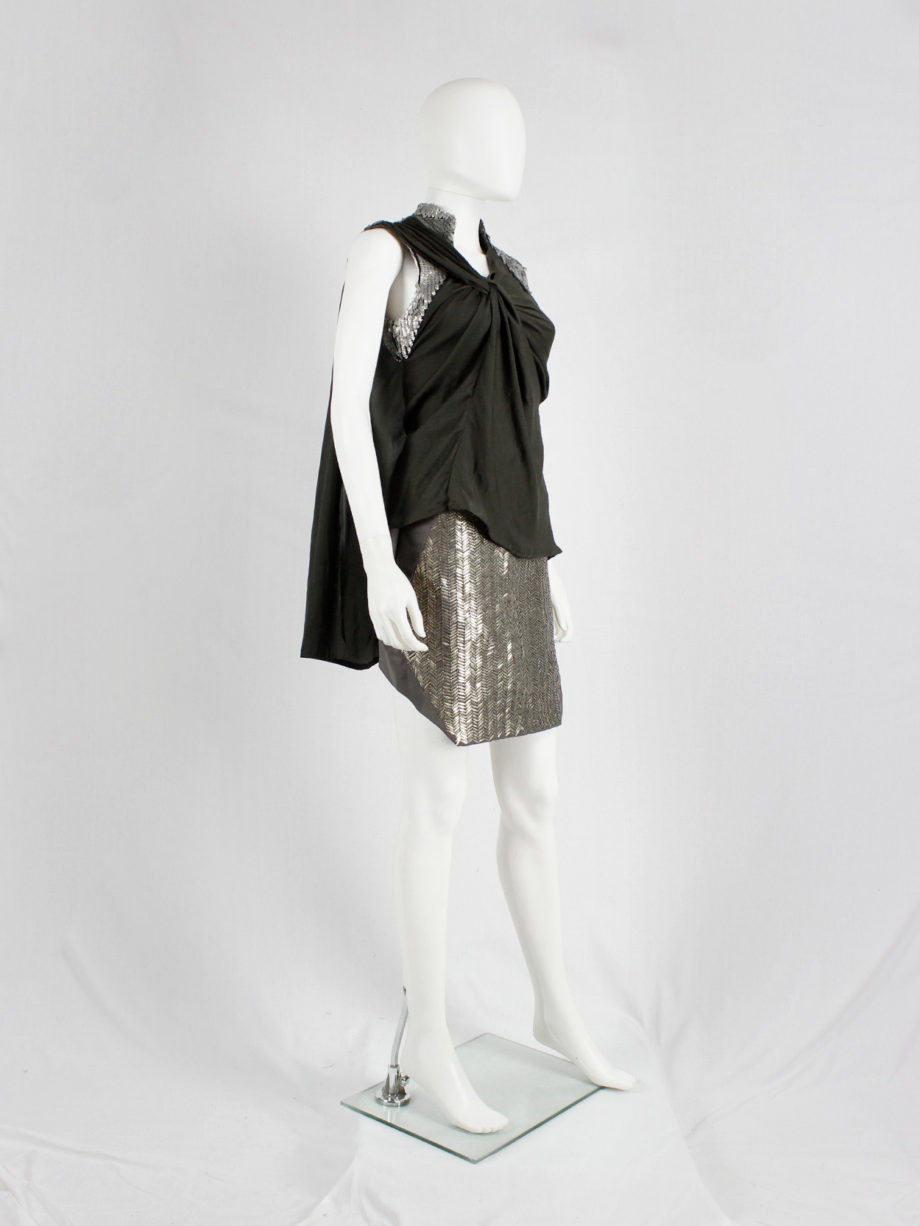 A.F. Vandevorst khaki green draped top with silver sequin shoulder panel and open back spring 2011 (15)