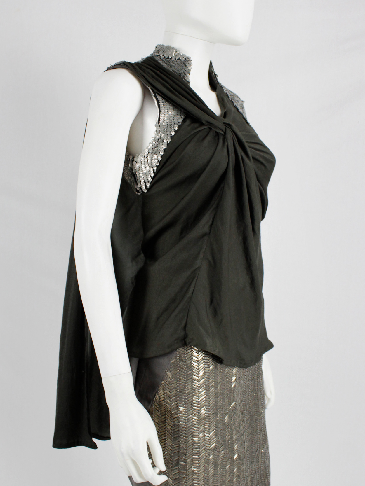 A.F. Vandevorst khaki green draped top with silver sequin shoulder panel and open back spring 2011 (16)