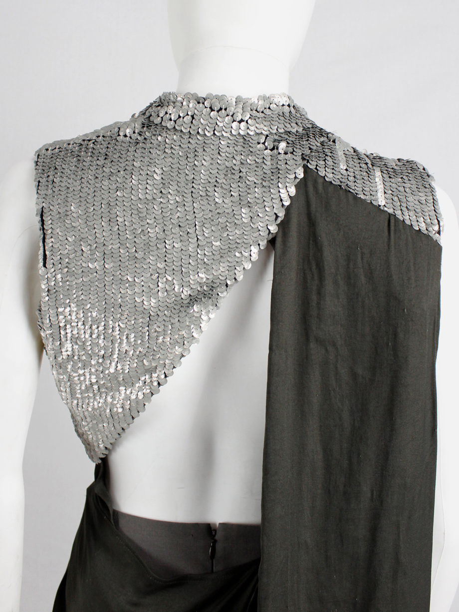 A.F. Vandevorst khaki green draped top with silver sequin shoulder panel and open back spring 2011 (19)