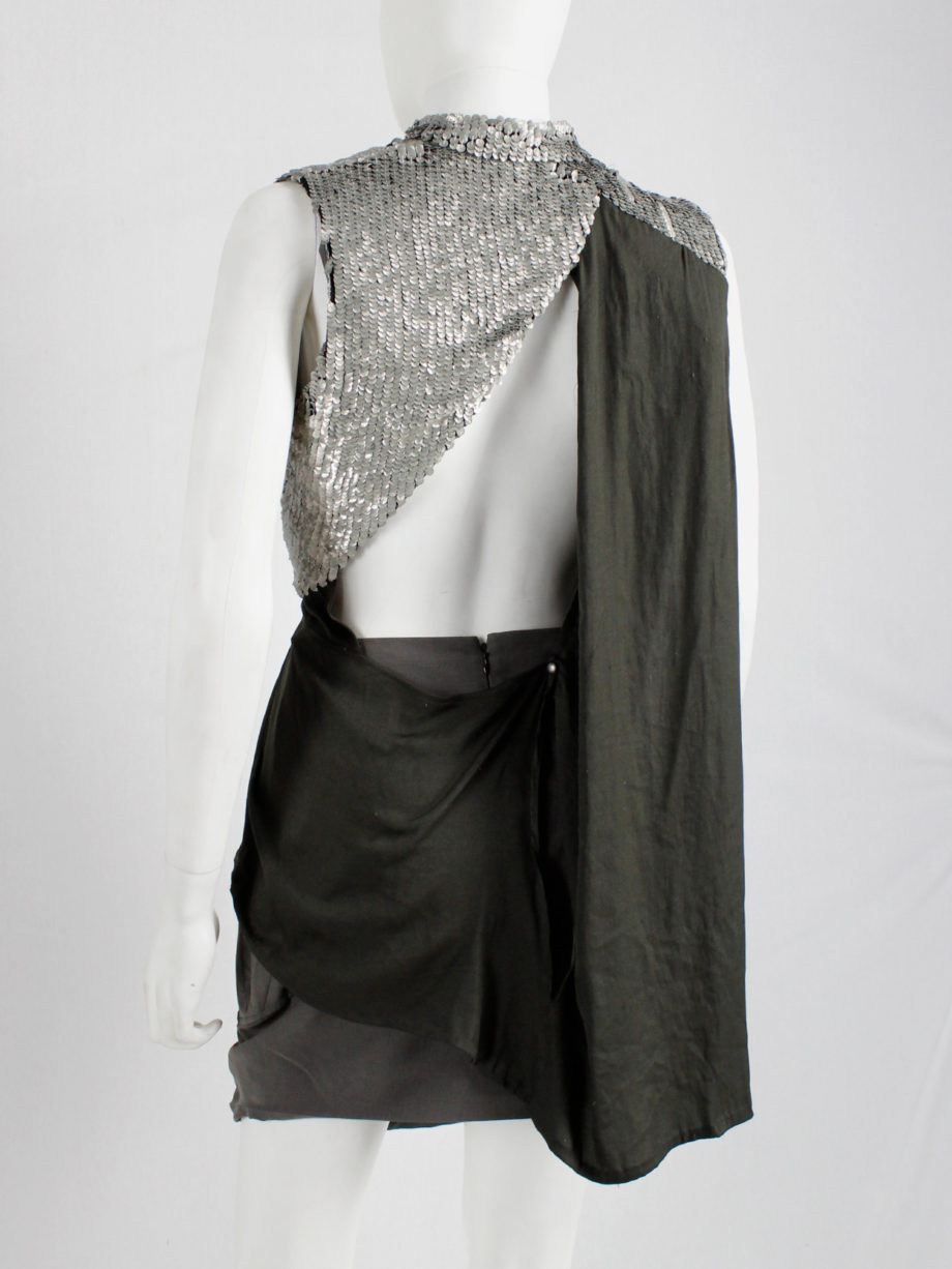 A.F. Vandevorst khaki green draped top with silver sequin shoulder panel and open back spring 2011 (2)