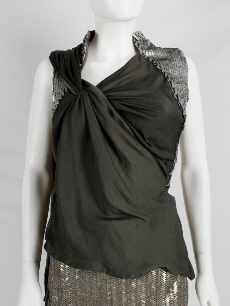 A.F. Vandevorst khaki green draped top with silver sequin shoulder panel and open back spring 2011 (8)