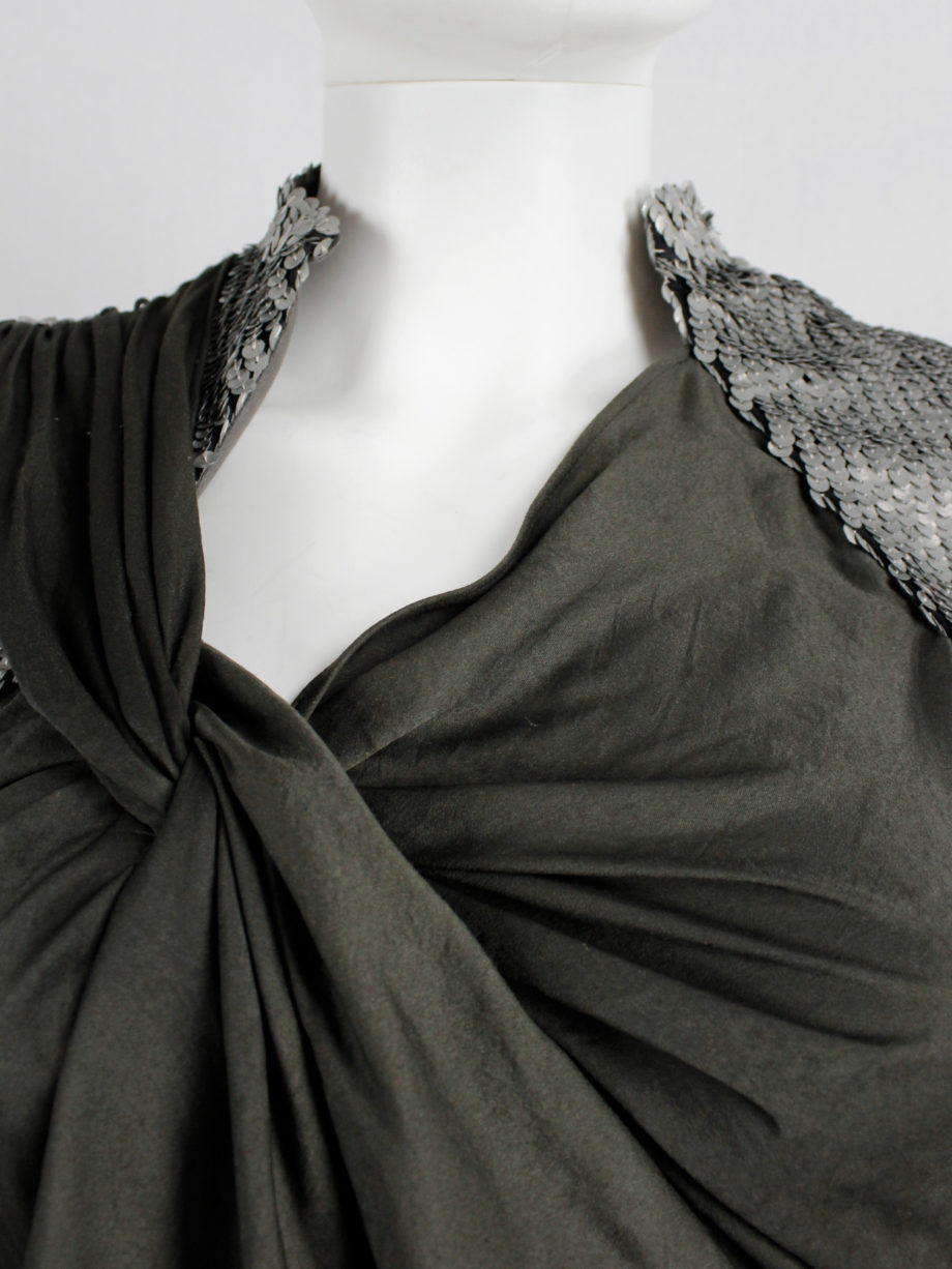 A.F. Vandevorst khaki green draped top with silver sequin shoulder panel and open back spring 2011 (9)