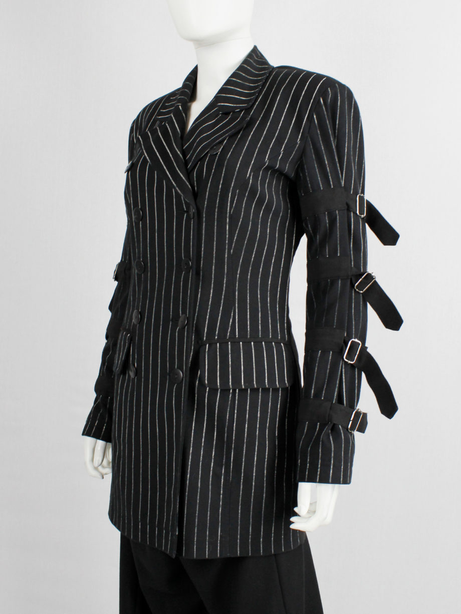 Marithe Francois Girbaud navy pinstripe blazer with belts around the sleeves (14)