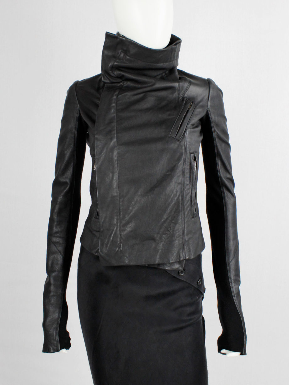 Rick Owens black leather asymmetric biker jacket with high standing neckline (13)