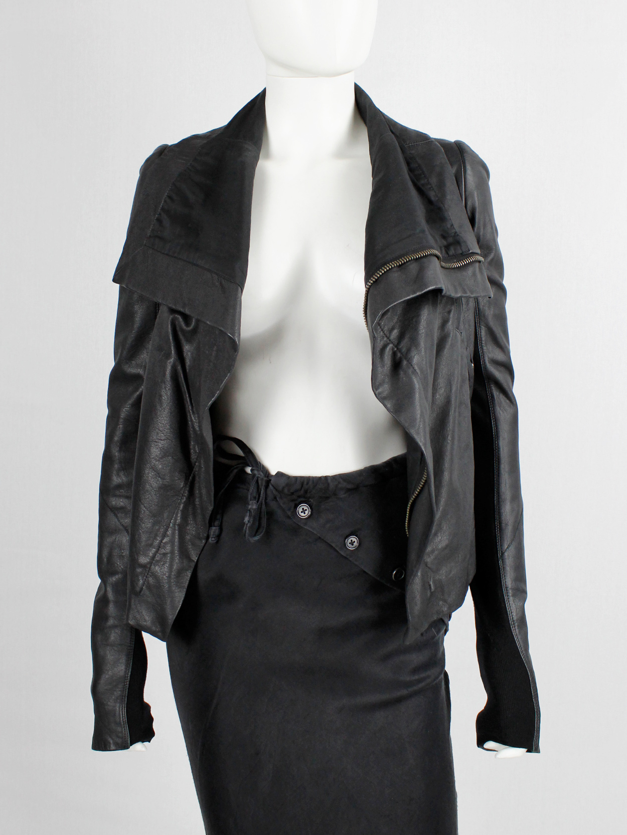 Rick Owens black leather asymmetric biker jacket with high standing ...