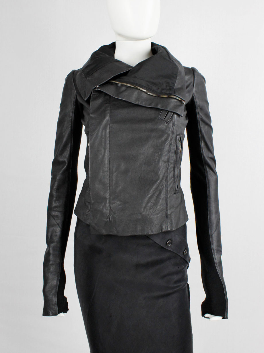Rick Owens black leather asymmetric biker jacket with high standing neckline (9)