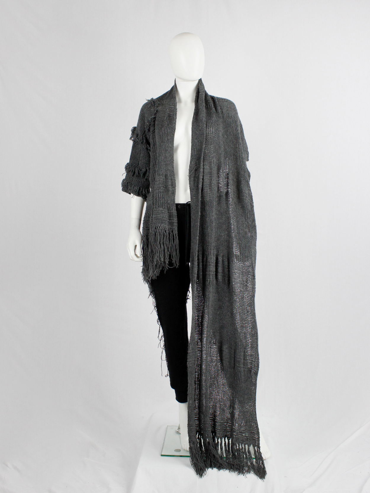 Wim Neels grey frayed extra long scarf with one sleeve 1990s (11)